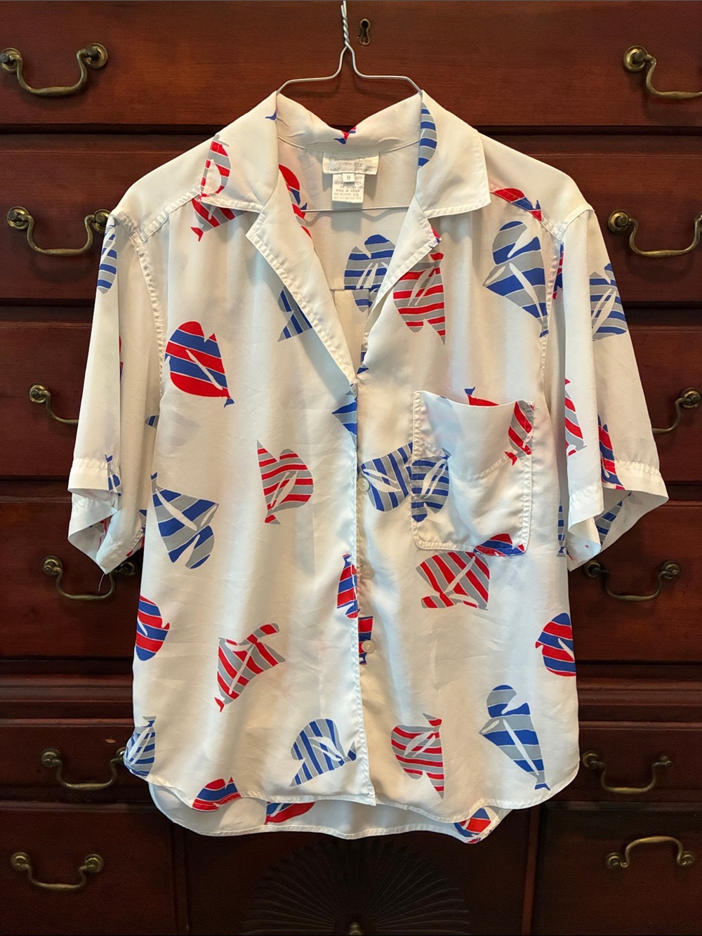 Dior White Short-Sleeve Button-Up with Red & Blue Striped Heart Motif